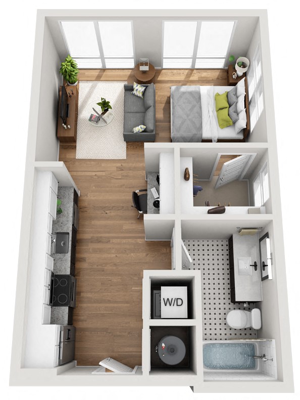 Floor plan for 1 bed, 1 bath, 512 sqft